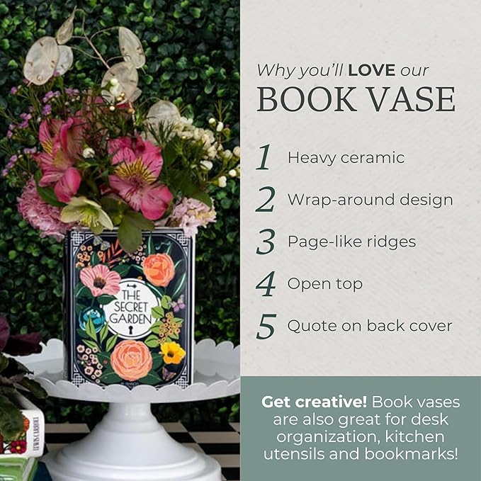 Steel Mill & Co Original Book-Shaped Decorative Vase, Ceramic Vases for Home Decor, Cute Bookshelf Decor, Unique Vase for Book Lovers (Small - Secret Garden)