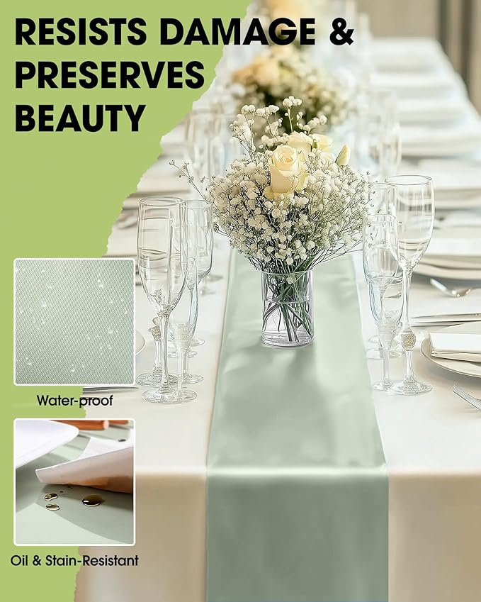 Pureegg Sage Green Plastic Table Runners - 10 Pack, 14'' x 108'', Water Resistant & Disposable Centerpiece Decorations for Table Cloth, Wedding, Birthday, Holiday, Baby Shower, Party, Home Decor