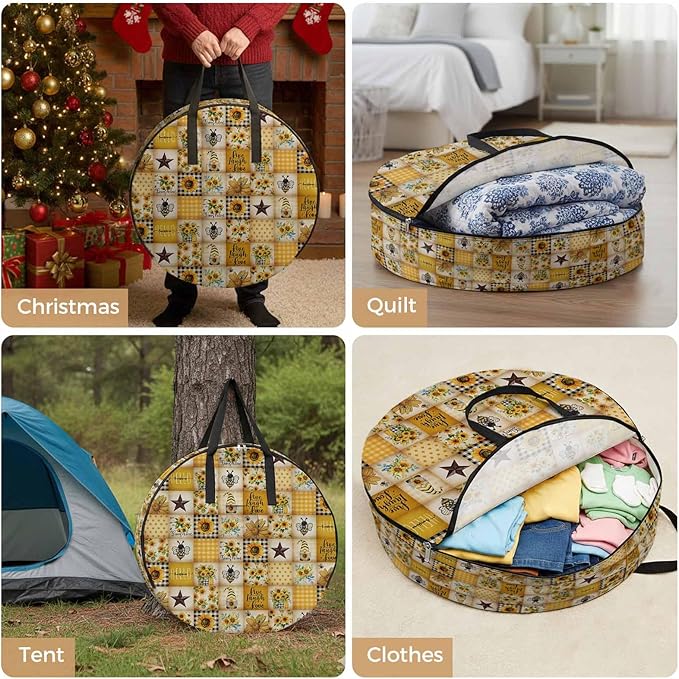 Farmhouse Round Storage Bag 24 Inch, Sunflower Gnome Bee Star Yellow Buffalo Plaid Patchwork Clothes Storage Container with Handles Heavy Duty Organizer for Comforter, Bedding & Holiday Wreaths