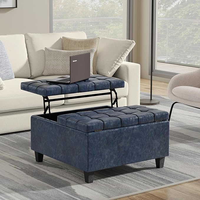 SIMPLIHOME Harrison Small Coffee Table Storage Ottoman - 30 inch Wide Upholstered Vegan Leather Square Lift-Top Ottoman in Denim Blue, Transitional Ottoman for Living Room with Hidden Storage