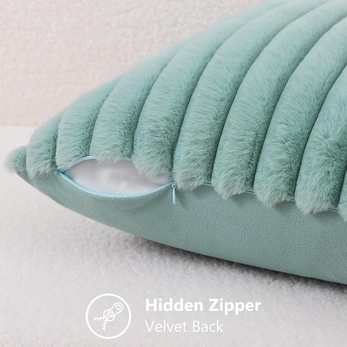 decorUhome Summer Cozy Faux Fur Throw Pillow Covers 12x20 Set of 2 Decorative Soft Plush Striped Lumbar Modern Farmhouse Boho Couch Pillow Cases with Velvet Back for Sofa Bed Living Room, Aqua