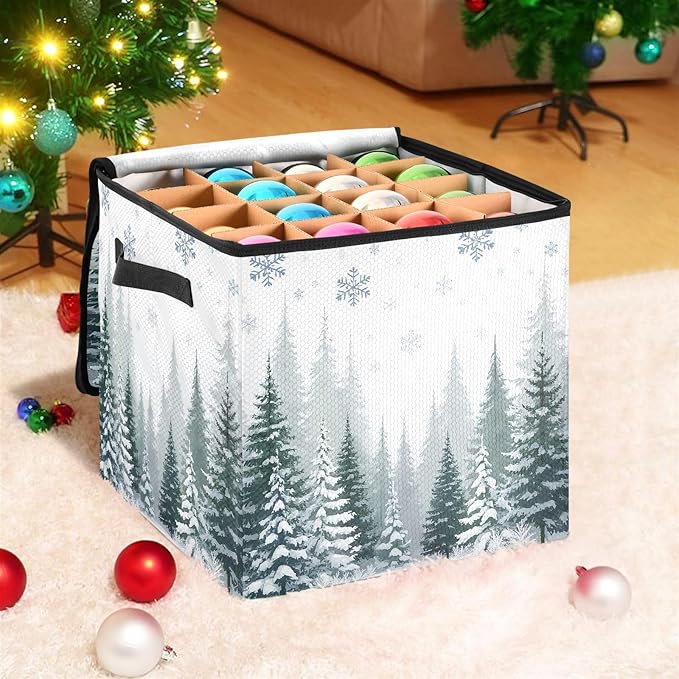 Christmas Tree Ornament Storage Basket Box Winter Xmas Holiday Storage Container Cube with Adjustable Dividers for 64 Holiday Ornaments or Decorations Keeps Clean and Dry for Next Season