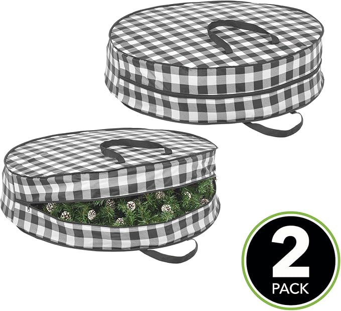 mDesign Round 30" Wreath Storage Container with Handles, Fabric Christmas Wreath Storage Bag, Protector, Garland Storage Bag Container, Holiday Decoration Organizer - 2 Pack, Buffalo Plaid Black/White