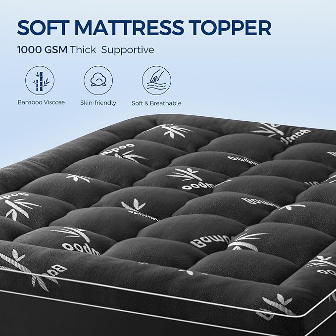 Mattress Topper King Size, Cooling Extra Thick Breathable Viscose Made from Bamboo Mattress pad, Soft Quilted Fitted Mattress Cover with 1000 GSM Down Alternative Fill (8-21”Deep Pocket) Dark Gray