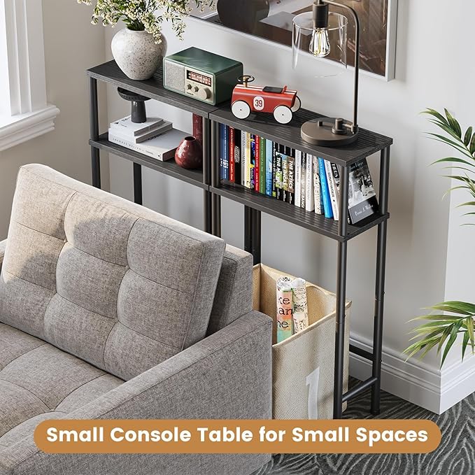 Asgolion Narrow Console Table, 15.7" Small Entryway Table, 2-Tier Sofa Table with Storage, Skinny Console Tables for Entryway, Hallway, Bedroom, Living Room, Foyer, Black