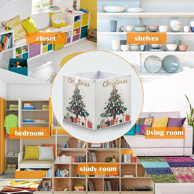 Christmas Tree Fabric Storage Bins Foldable Closet Organizers and Storage Sturdy Storage Boxes for Living Room Bathroom, 15.7x10.6x7 Inch