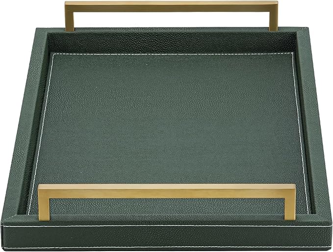 XIGEXIGE Green Decorative Serving Tray,Rectangular Tray for Coffee Table,Faux Leather Serving Tray with Handles for Ottoman,Shagreen Leather Tray for Bathroom