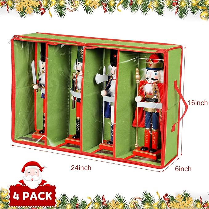 Preboun 4 Pack Clear Top Christmas Nutcracker Storage Box - Figurine Container Holds 4 Ornaments up to 16 Inches (Bright Green)