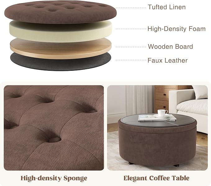 30 Inch Round Storage Ottoman,Modern Tufted Ottomans,Upholstered Large Ottoman with Storage with Removable Top Footrest Stool for Bedroom Living Room (Darkbrown)