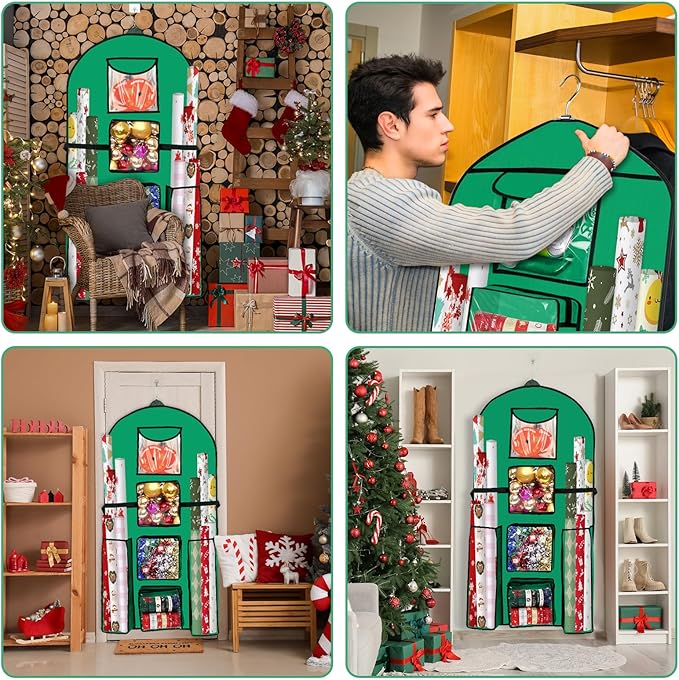 Hanging Gift Wrapping Paper Organizer Storage 48x24 Inch Double-Sided Over The Door Christmas Wrapping Storage Containers Gift Wrapping Organizer Present Paper Craft Roll Holder for Closet Door（Green）