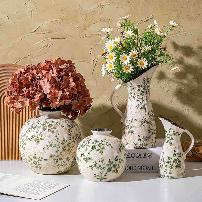 for Mom from Daughter or Son, SURE YUESI 7.3” Green Handcrafted Ceramic Pitcher Vase, Vintage Pastoral Floral Vase, Farmhouse Chinoiserie Tuscan Cottage Core Rustic Table Centerpiece