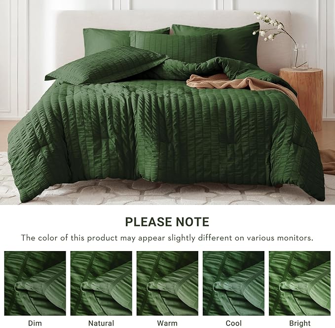MUXHOMO 5 Pieces Twin Comforter Set, Seersucker Bed in a Bag Twin Size, All Season Luxury Bedding Set with Comforter, Flat Sheet, Fitted Sheet, Pillowcase & Sham, Dark Green