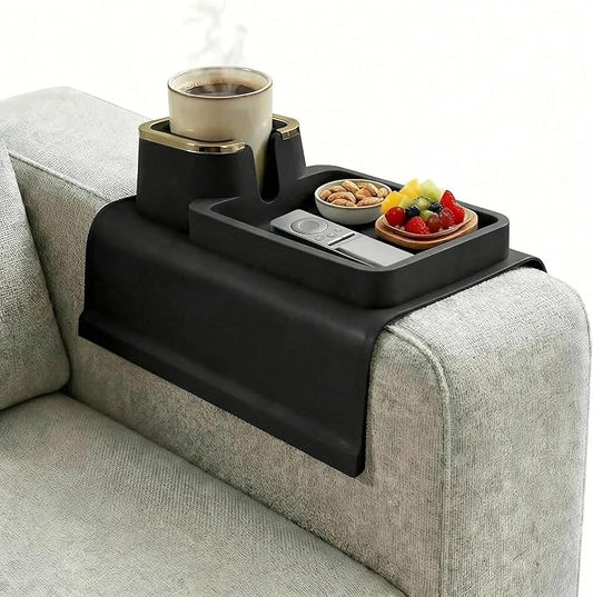 Luxury Silicone Couch Cup Holder Tray with Gold Trim, Anti-Spill Sofa Armrest Organizer, Weighted Non-Slip Recliner Tray Table for Drinks, Remote and Phone - Fits Most Couch Arms,Gift for family,Black