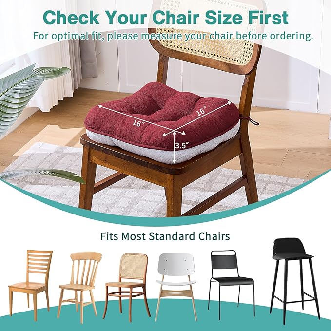 BETU Chair Cushions for Dining Chairs Set of 2,3.5" Thick Kitchen Table Chair Pads with Ties,Non Slip Backing and Covers, Christmas Decor Seat Cushion for Dining Room,Bar,Patio Chairs,16"X16"X3.5",Red