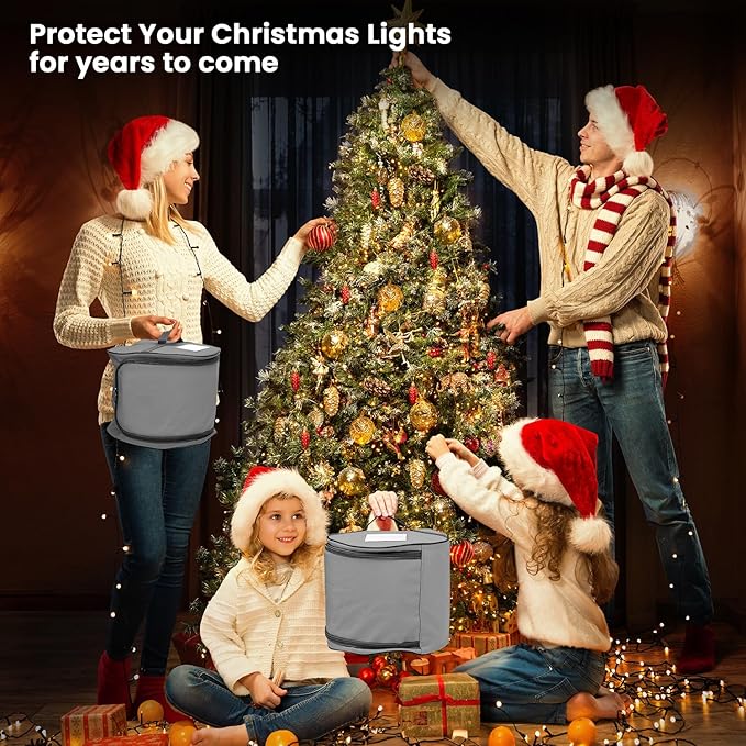 Keten Christmas Light Storage Bag, 600D Oxford Fabric Christmas Light Organizer with Reinforced Handles, 3 Reels Included to Hold 375ft Mini Christmas, Tree Lights & Extension Cords-Grey