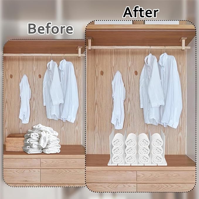 Towel Organizer for Closet, White Interlocking Towels Rack Storage, Space Saving Bathroom & Cabinet Under Sink Closet Towel Organizer, Beach & Bath Towel Holder (Partition 5)