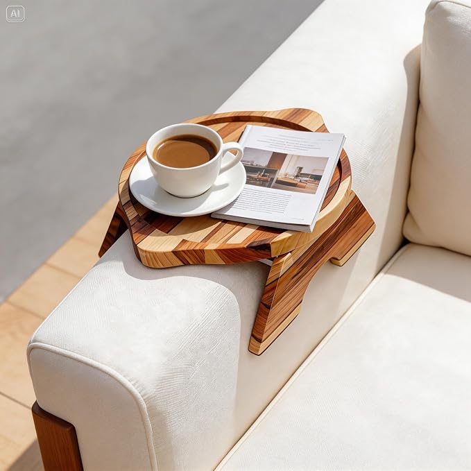 11.81" x 9.84" Teak Wood Couch Arm Tray, Folding Sofa Armrest Table, Clip-On Couch Arm Table for TV Dinner, Drinks & Snacks, Compact Tray Table, Small Side Table