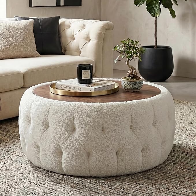 Large Round Storage Ottoman Coffee Table with Wooden Tabletop, 30.5 Inches Teddy Fleece Tufted Ottoman for Living Room, Bedroom, Apartments (White)