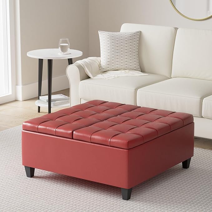 SIMPLIHOME Harrison Coffee Table Storage Ottoman - 36 inch Wide Upholstered Vegan Leather Square Lift-Top Ottoman in Crimson Red, Transitional Ottoman for Living Room with Hidden Storage