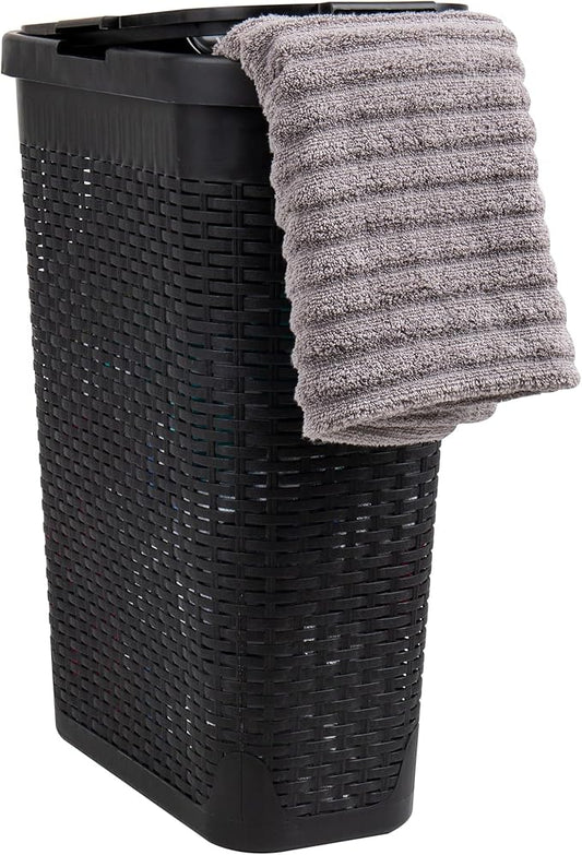 Mind Reader Slim Laundry Hamper with Lid, 40L Clothes Basket, Narrow Tapered Design with Ventilated Cutout Pattern, Plastic, Black