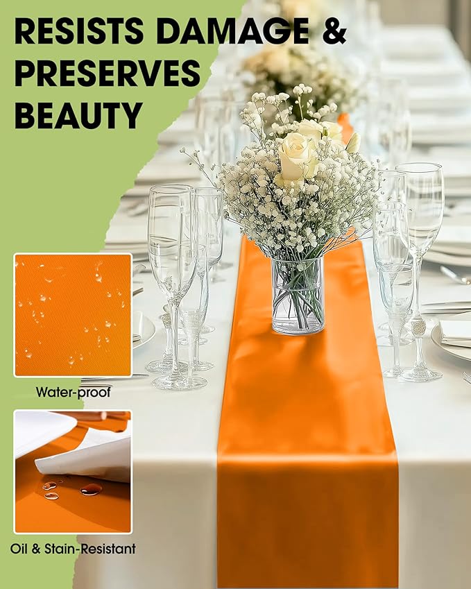 Pureegg Orange Plastic Table Runners - 10 Pack, 14'' x 108'', Water Resistant & Disposable Centerpiece Decorations for Table Cloth, Wedding, Birthday, Thanksgiving, Harvest, Party, Home Decor