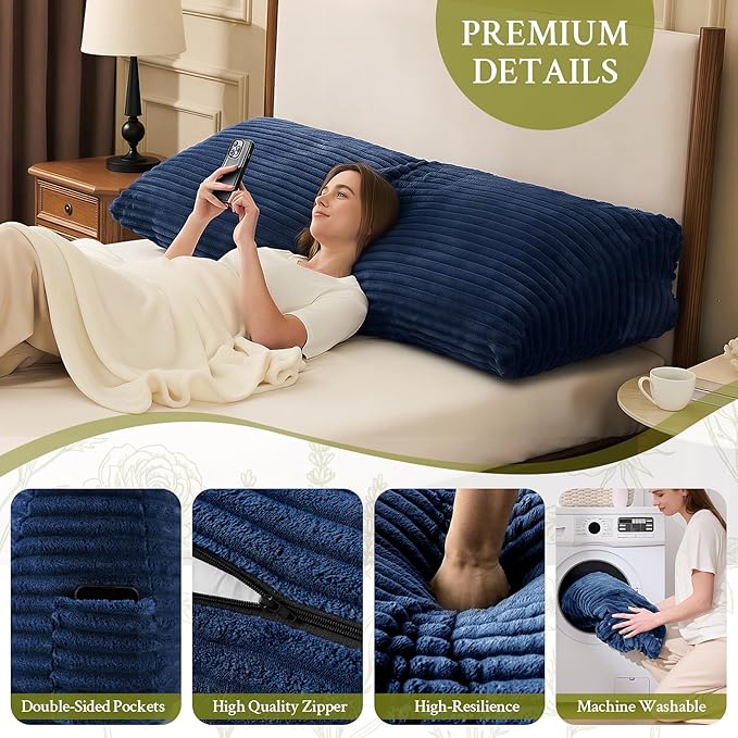 Headboard Pillow Queen, Headboard Wedge Pillow, Back Rest Pillows for Sitting, Reading, Working, Triangle Pillow with Removable Cover, Daybed Pillows for Bed Dorm Sofa, Navy Blue