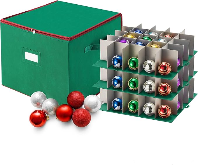 Tiny Tim Totes Christmas Storage Box with Zip Top, Large Ornaments storage box, holds up to 75 ornaments, Green