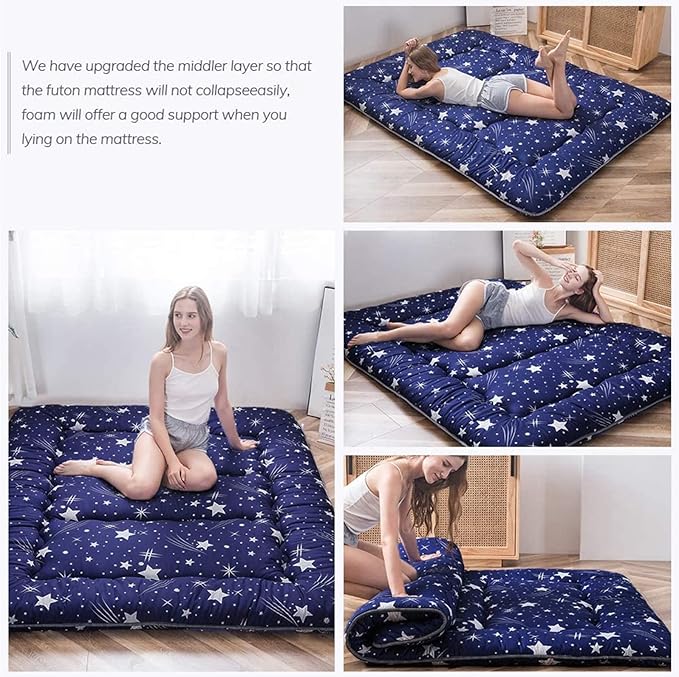 MAXYOYO Navy Starry Sky Japanese Futon Mattress, Tatami Floor Mat, Portable Camping Sleeping Pad, Foldable Roll Up Lounger Full Size with Mattress Protector Cover