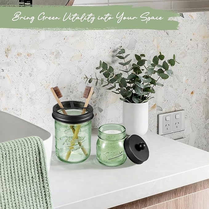 SheeChung Mason Jar Toothbrush Holder, Green Glass Toothbrush Holder for Bathroom Countertop Organizer, Stainless Steel Lid, Electric Toothbrush Toothpaste Holder Storage, Black Bathroom Accessories