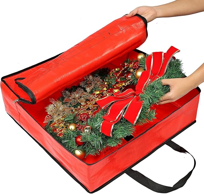 HOMEST Christmas Wreath Storage Container, Wreath Bag, Durable Material, Zipper, Extra Securing Straps, Reinforced Handles, Dust, Pest Protection, 30" Premium Wreath Storage Organizer Box