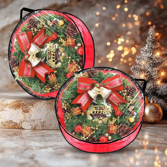 YAYODS 6 Pack Wreath Storage Container Bag 30 Inch Christmas Wreath Storage Bag Heavy Duty Christmas Wreath Boxes with Clear Window for Xmas Holiday Seasonal Wreath Garland(Red)