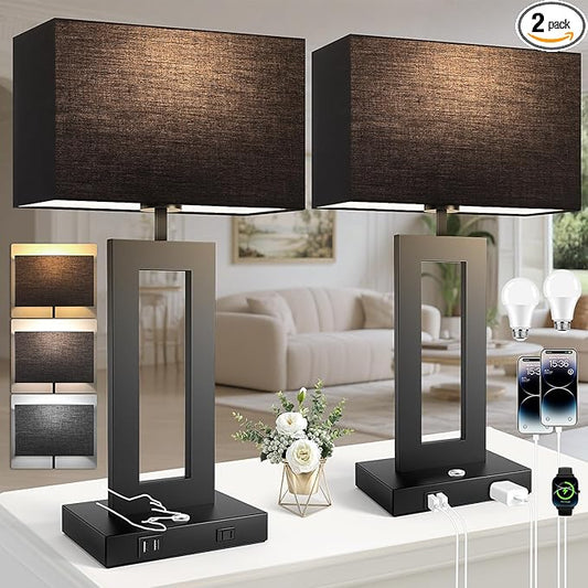 27.2’’ Tall Black Table Lamps for Living Room Bedroom, Bedside Touch Control Lamps with 2 USB Ports&AC Outlet, 3 Color Temp.&Stepless Dimming Desk Lamp Sets for Home Office, Pre-assembled Black Shade