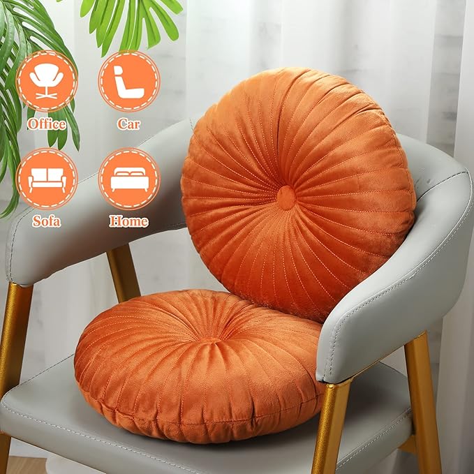 Namalu 2 Pcs Round Throw Pillow 13.8 Inch Decorative Round Velvet Floor Pillows Pumpkin Throw Pillows with Center Button for Thanksgiving Home Decor Living Room Sofa Couch Bed Chair (Burnt Orange)