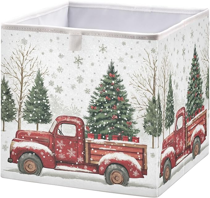 Red Truck Christmas Tree Fabric Storage Cubes Sturdy Shelf Closet Organizer Bin Decorative Storage Basket Box for Living Room Bathroom, 11x11 Inch