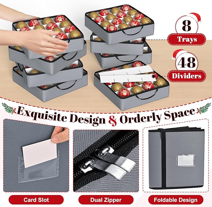Keten Christmas Ornament Storage Boxes with 8 Individual Trays, Fits 128 Holiday Ornaments 3-Inch, Christmas Ball Accessories Container with 48 Dividers, Dual Zippered Closure, 600D Oxford (Grey)