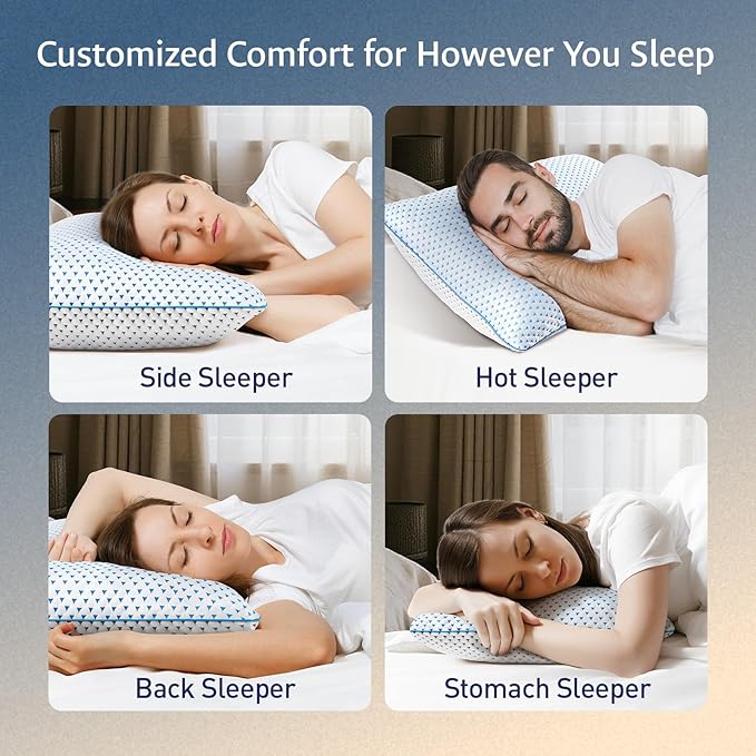 Adjustable Cooling Gel Memory Foam Pillows Queen Size for Sleeping 1 Pack,Thick Firm Bamboo Rayon Shredded Bed Pillow for Side,Back,Stomach Sleepers Washable Breathable Pillowcase,Gifts College Dorm