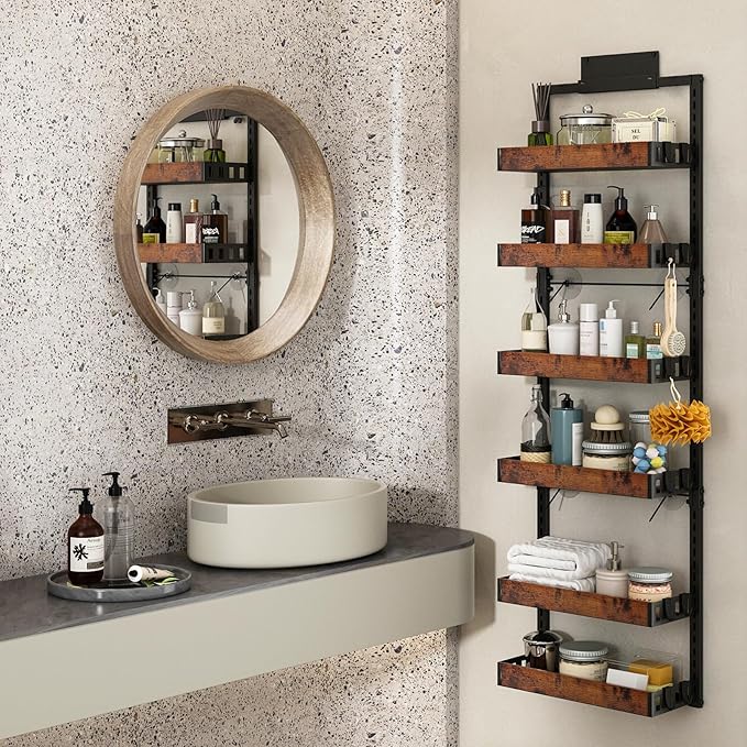 BUKFEN 6-Tier Over the Door Pantry Organizer, 2-in-1 Door Hanging or Wall Mounted Spice Rack, Heavy Duty Metal Storage Shelves with Adjustable Wooden Baskets for Kitchen Bathroom Closet