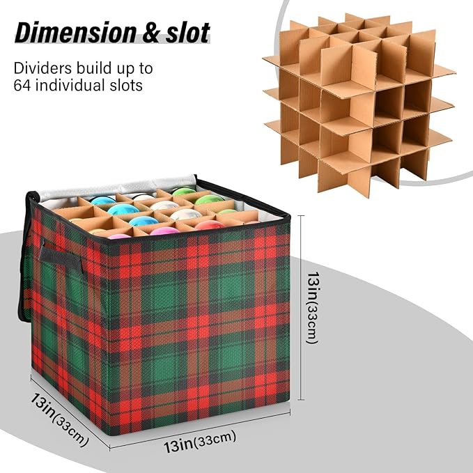 Red Green Christmas Ornament Storage Basket Box Buffalo Plaid Winter Holiday Storage Container Cube with Adjustable Dividers for 64 Holiday Ornaments or Decorations Keep Clean and Dry for Next Season