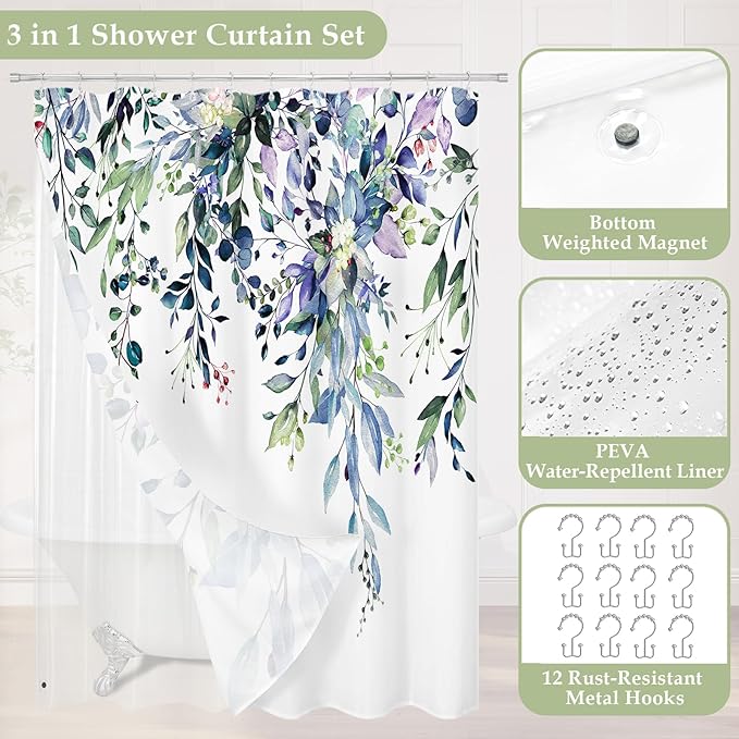 Gibelle 3 in 1 Shower Curtain Set, 72x72 Green Eucalyptus Bath Curtain and PEVA Liner Set with 12 Metal Hooks, Waterproof Fabric Bathroom Curtain