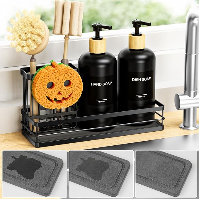 Moforoco Kitchen Dish Soap Dispenser Set, 16OZ Glass Bottle, Hand and Dish Soap Dispenser Set, Instant Dry Tray, Brush Holder with Smiley Face Sponge Holder (Black Tray &Black Bottle&Labels)