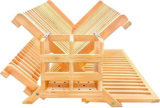 Bamboo Dish Drying Rack with Utensil Holder Set,3-Tier Collapsible Wood Dish Drying Rack for Kitchen,Folding Bamboo Drying Rack with Utensils Flatware Holder,Space-Saving Storage