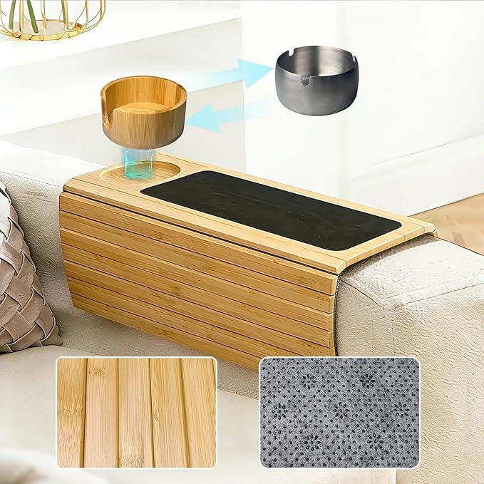 Couch Armrest Table with Cup Holder - Bamboo Couch Cup Holder 3-in-1 Magnetic Detachable, Anti-Slip Foldable Sofa Arm Tray for Drink, Snack, Coffee, Mugs, Remote, Cellphone, Cup (Natural)