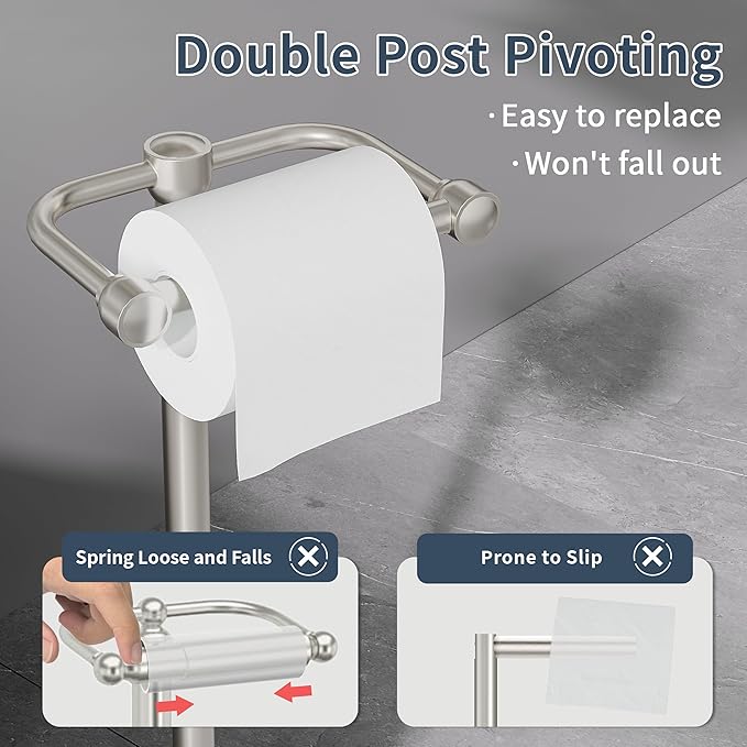 RARXTR Toilet Paper Holder Stand, Post Pivoting Design Free Standing Toilet Paper Holder, SUS304 Stainless Steel Toilet Paper Roll Holder, Heavy Stable Base (Brushed Nickel)