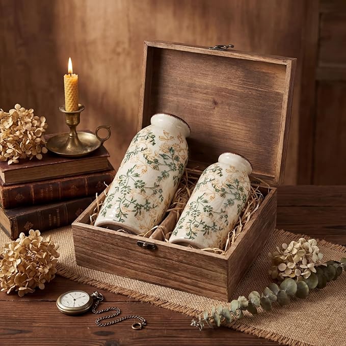 2 Pcs Vintage Ceramic Flower Vase Chinoiserie Antique Floral Vase Rustic Boho Farmhouse Decor for Home Table Bookshelf Aesthetic Centerpiece Gift(Vintage Green)