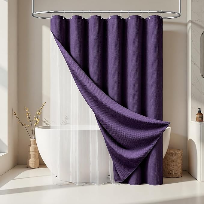Dynamene Extra Long Shower Curtain and Liner Set - 96 inch Tall Waffle Fabric, Waterproof Clear Liner, Heavy Duty Weighted Hotel Luxury Cloth Shower Curtains for Bathroom with 12 Hooks, 72x96, Purple
