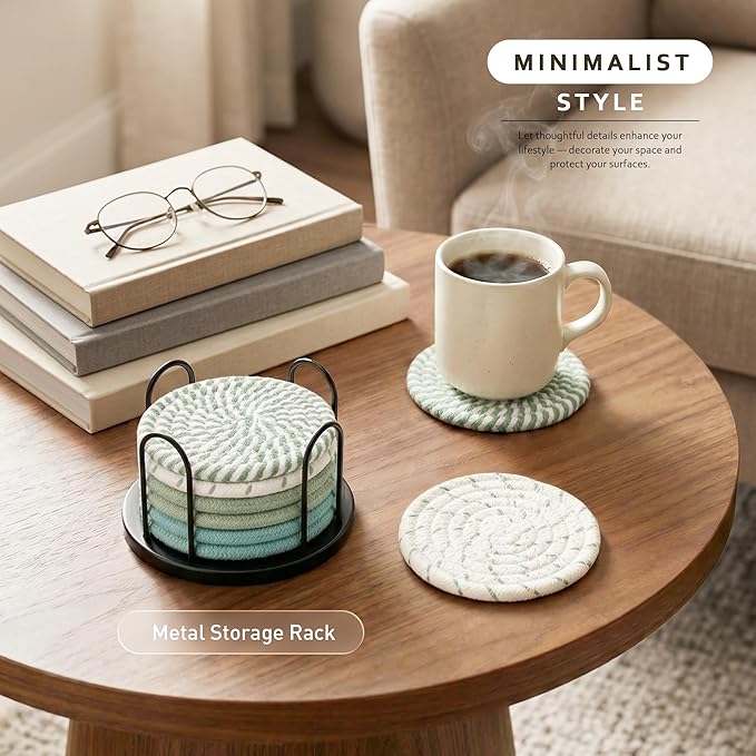 Lazebox Coasters Set of 8 for Drinks, Beer, Coffee, Cotton Woven 4 Colors Absorbent Coaster with Holder, Boho Coasters for Home Decor Tabletop Protection Suitable for Kinds of Cups