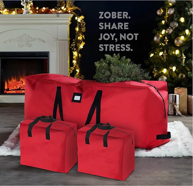 ZOBER Christmas Tree Storage Bag - With 2 Ornaments Accessories/Garland Bags - Fits 7.5 Ft Trees - 600D Oxford Fabric Christmas Tree Bag For Storage Box For Xmas - Strong, Durable Handles - Red