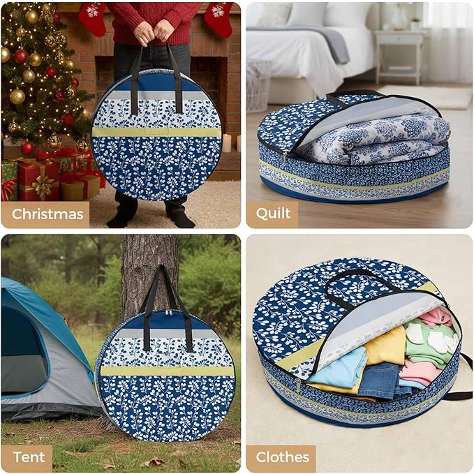 Storage Bag Blue Yellow Leaves Round Storage Totes Bins Closet Organizers with Zippers & Handle Stitching Stripes Clothes Storage Container for Bedroom Dorm Space Saving Packing Supplies Moving Bags