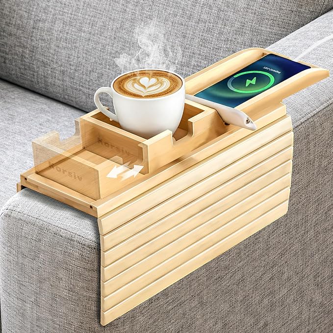 Bamboo Sofa Armrest Tray - Couch Arm Tray with Detachable Couch Cup Holder - 2 in 1 Anti-Slip Foldable Sofa Armchair Caddy Table - Cup Holder for Drinks Cellphone TV Remote Snacks