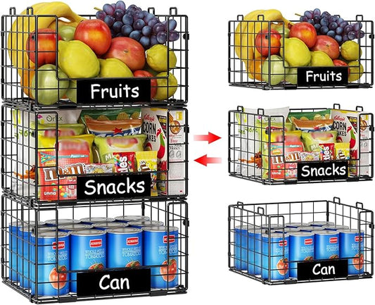 JKsmart 3 Pack Stackable Wire Baskets with NamePlates for Pantry Organizers and Storage, XL Fruit and Vegetable Basket, Metal Storage Bins for Snack Can Fruit Veggies, XL
